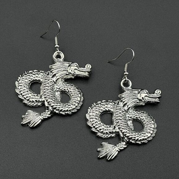 Silver Intricate Asian Inspired Mythical Dragon Dangling Drop Hook Earrings - Picture 2 of 9